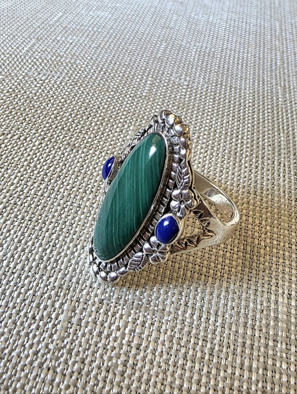 925 Sterling Silver Green Malachite & Blue Stone Statement Ring Size 8